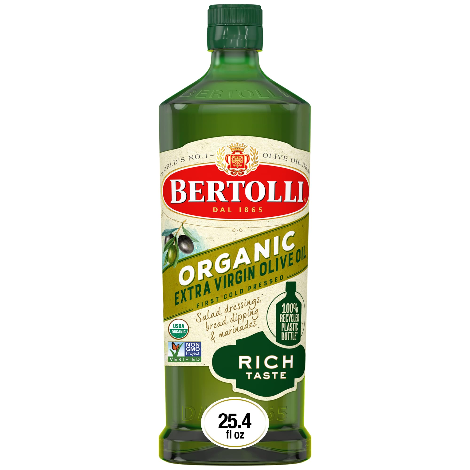 Bertolli botella frontal mostrando diseño y volumen preservación