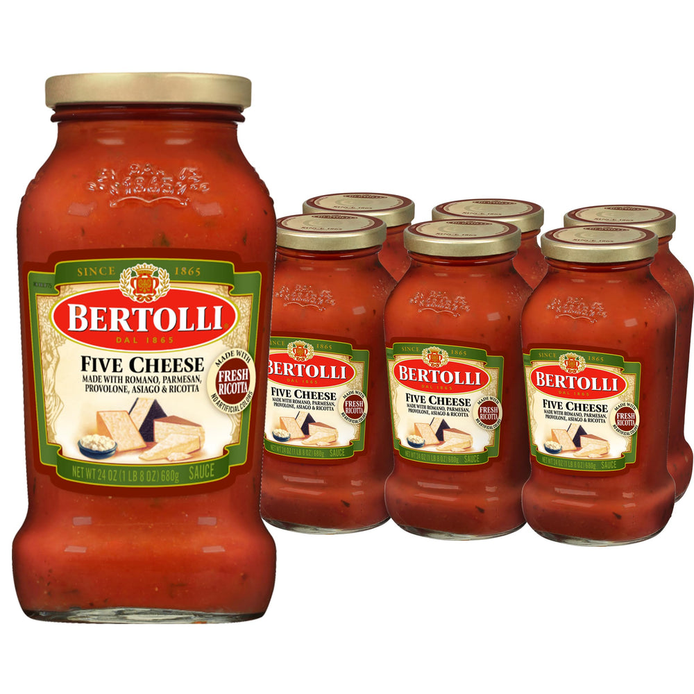 Bertolli frasco frontal Five Cheese mostrando la etiqueta y volumen práctico