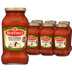 Bertolli frasco frontal Five Cheese mostrando la etiqueta y volumen práctico
