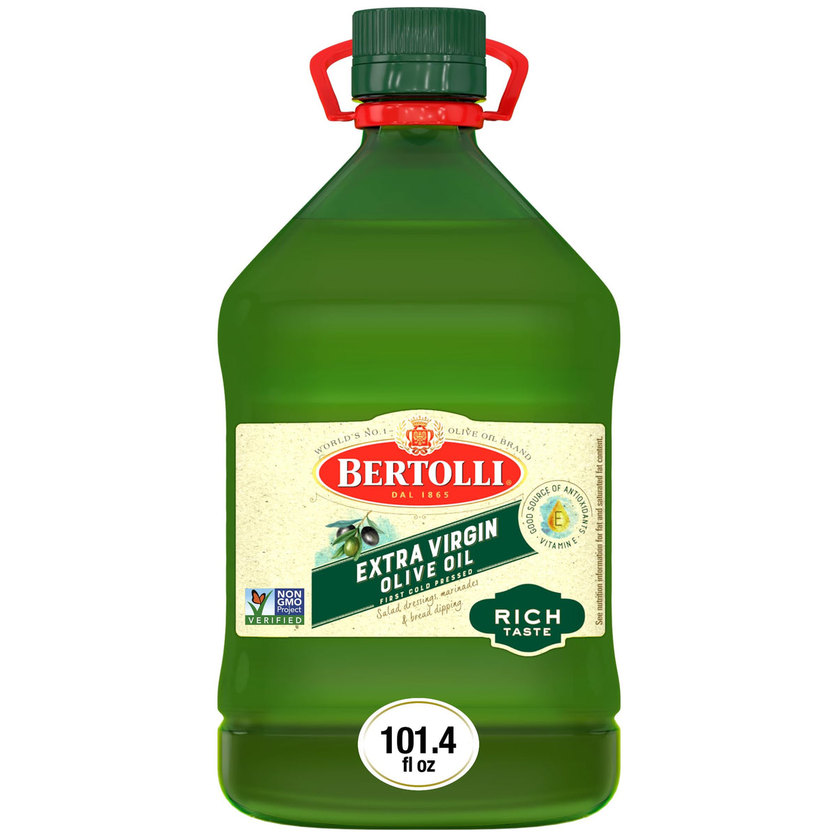 Bertolli botella al frente mostrando etiqueta y tamaño grande como ahorro