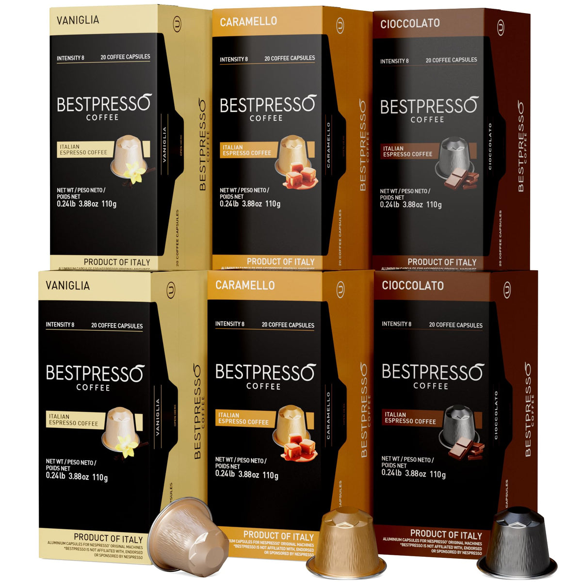 Bestpresso frontal del pack que muestra las tres variedades y ahorro