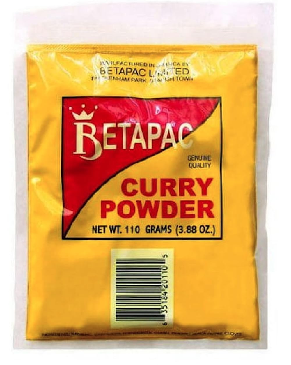 Betapac Curry Powder frontal del envase que muestra autenticidad y aroma