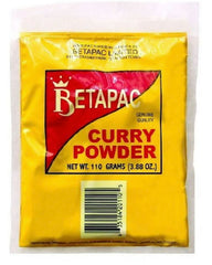 Betapac Curry Powder frontal del envase que muestra autenticidad y aroma