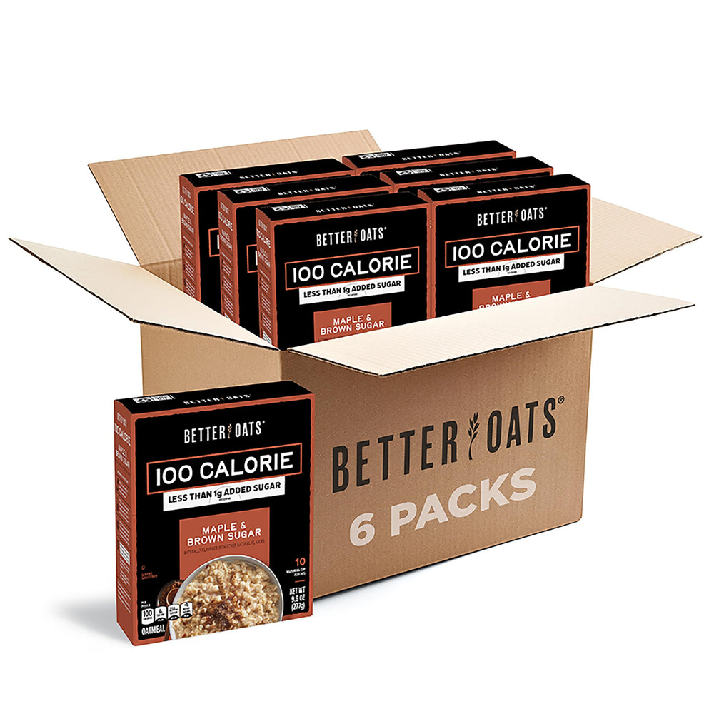 Better Oats frente del empaque mostrando cajas y sabor maple