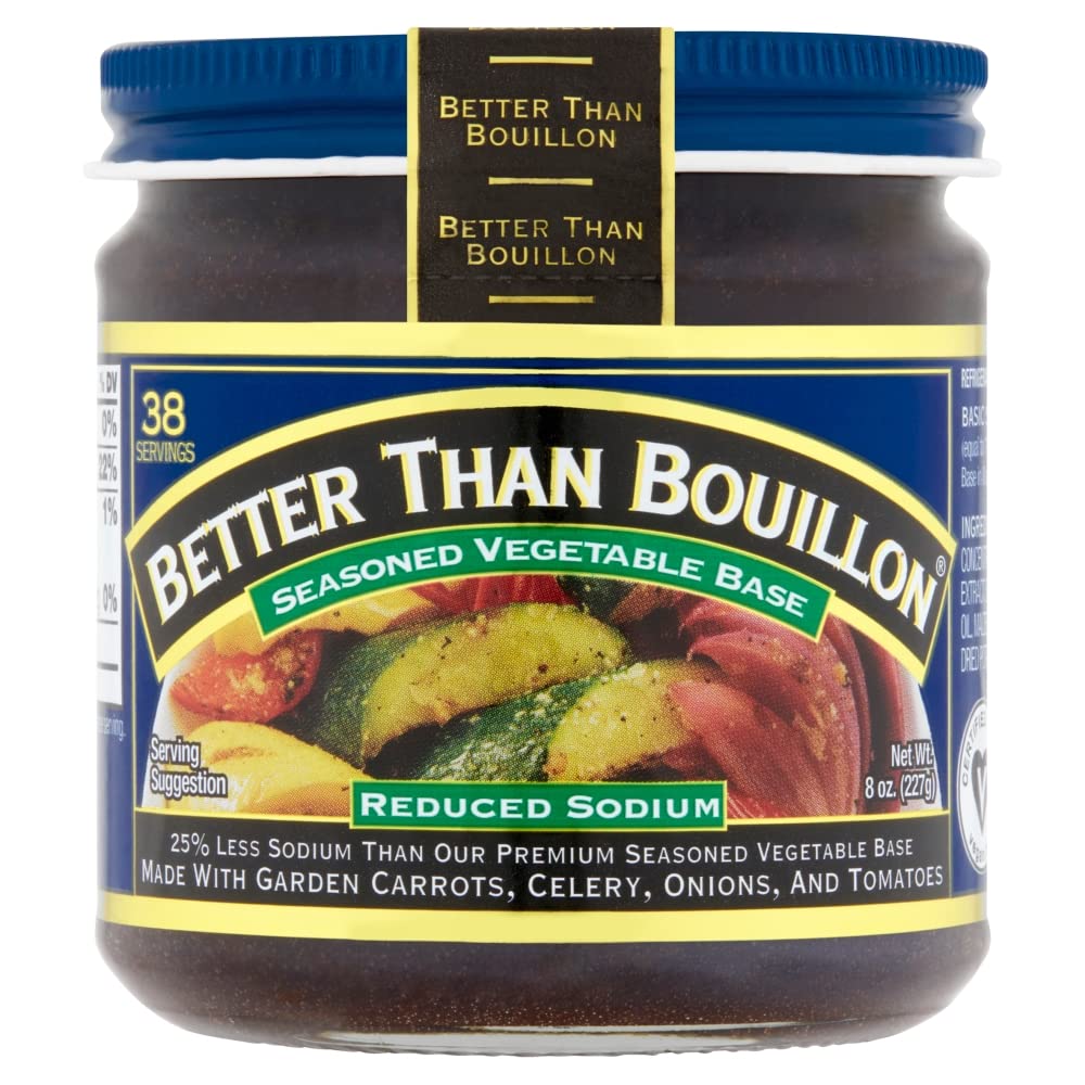 Better Than Bouillon tarro frontal mostrando la etiqueta y beneficio de menos sodio
