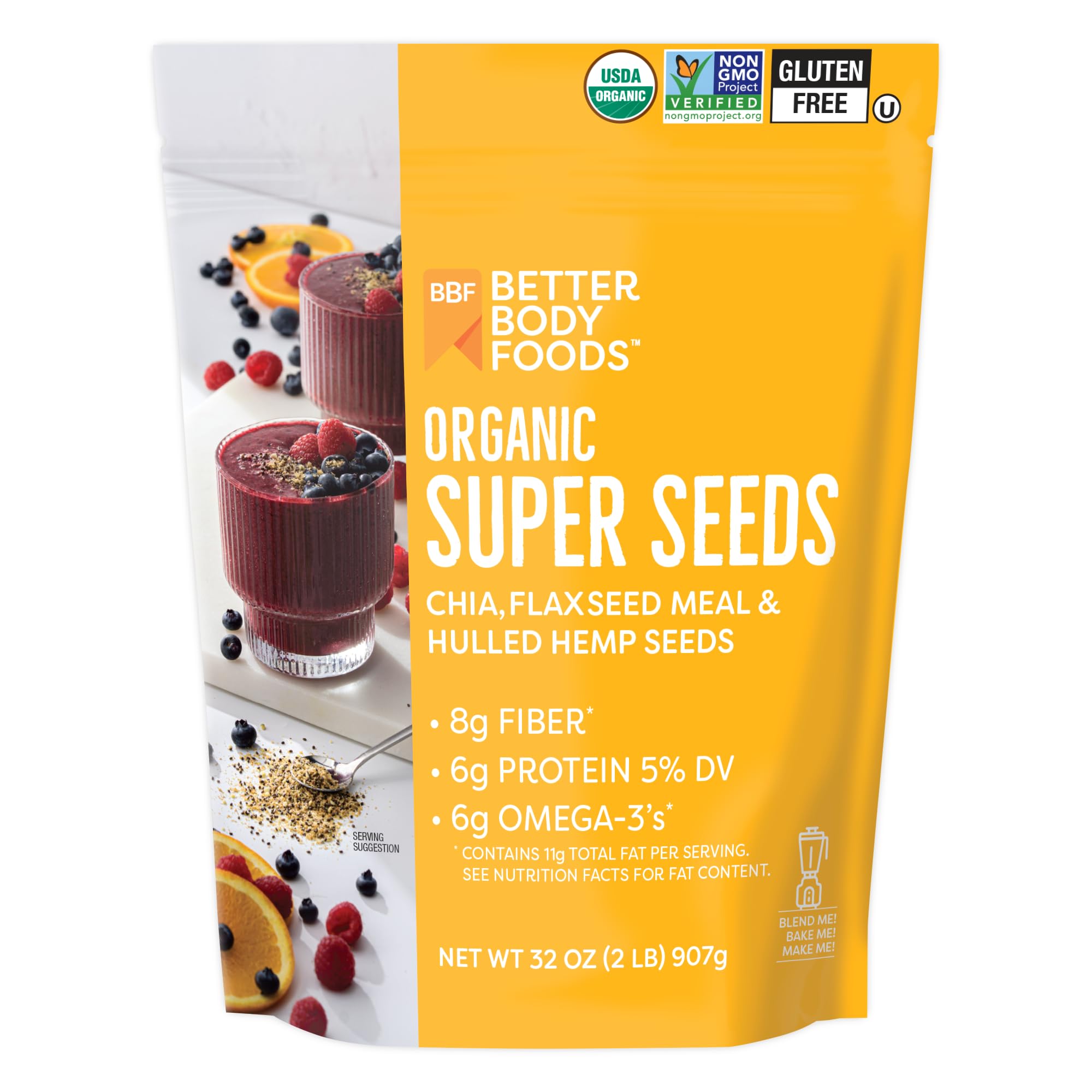BetterBody Foods envase frontal mostrando mezcla orgánica y etiquetas certificadas