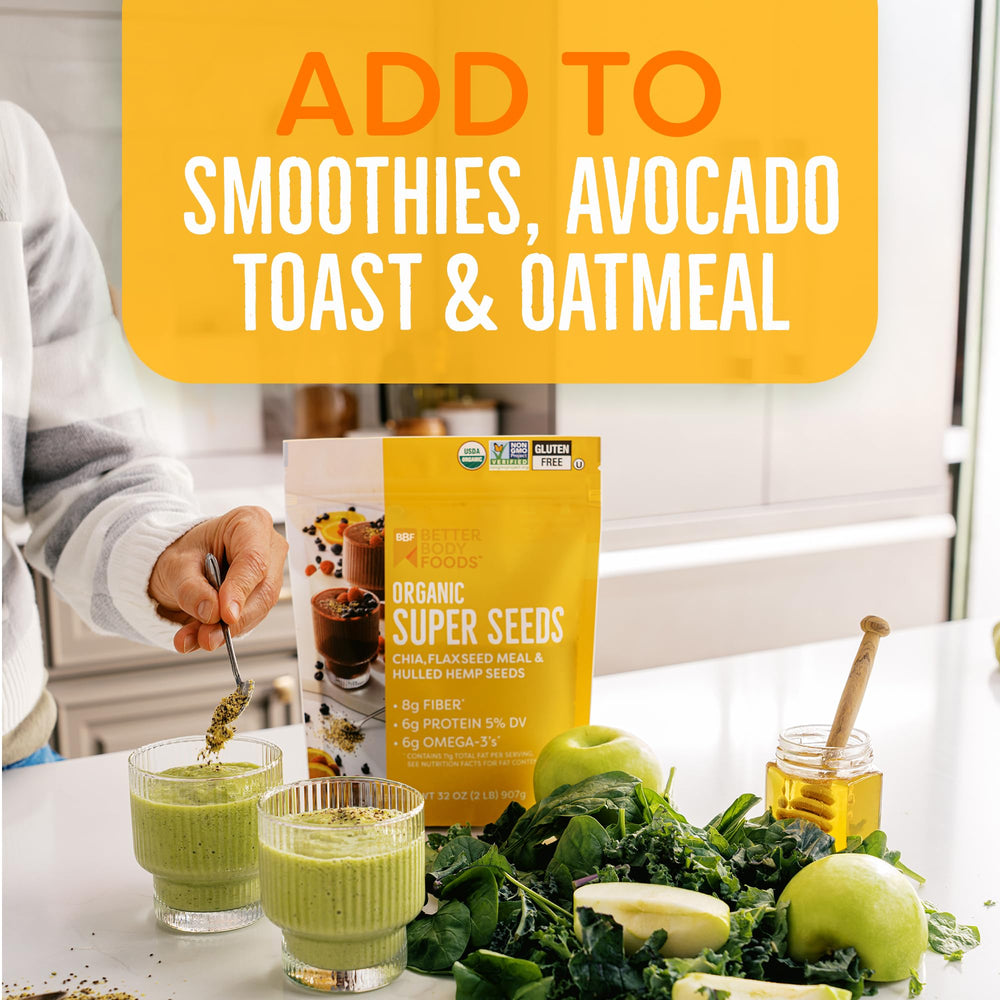 Smoothie cubierto con BetterBody Foods Super Seeds como topping nutritivo y sabroso