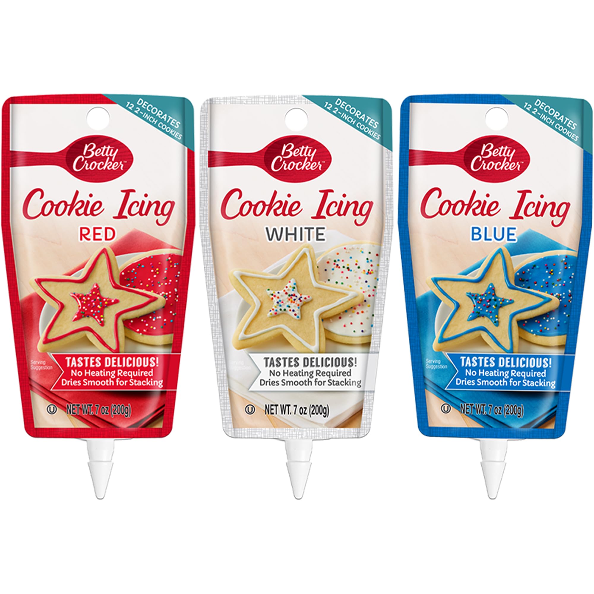Betty Crocker empaque frontal mostrando trio de colores y fácil uso