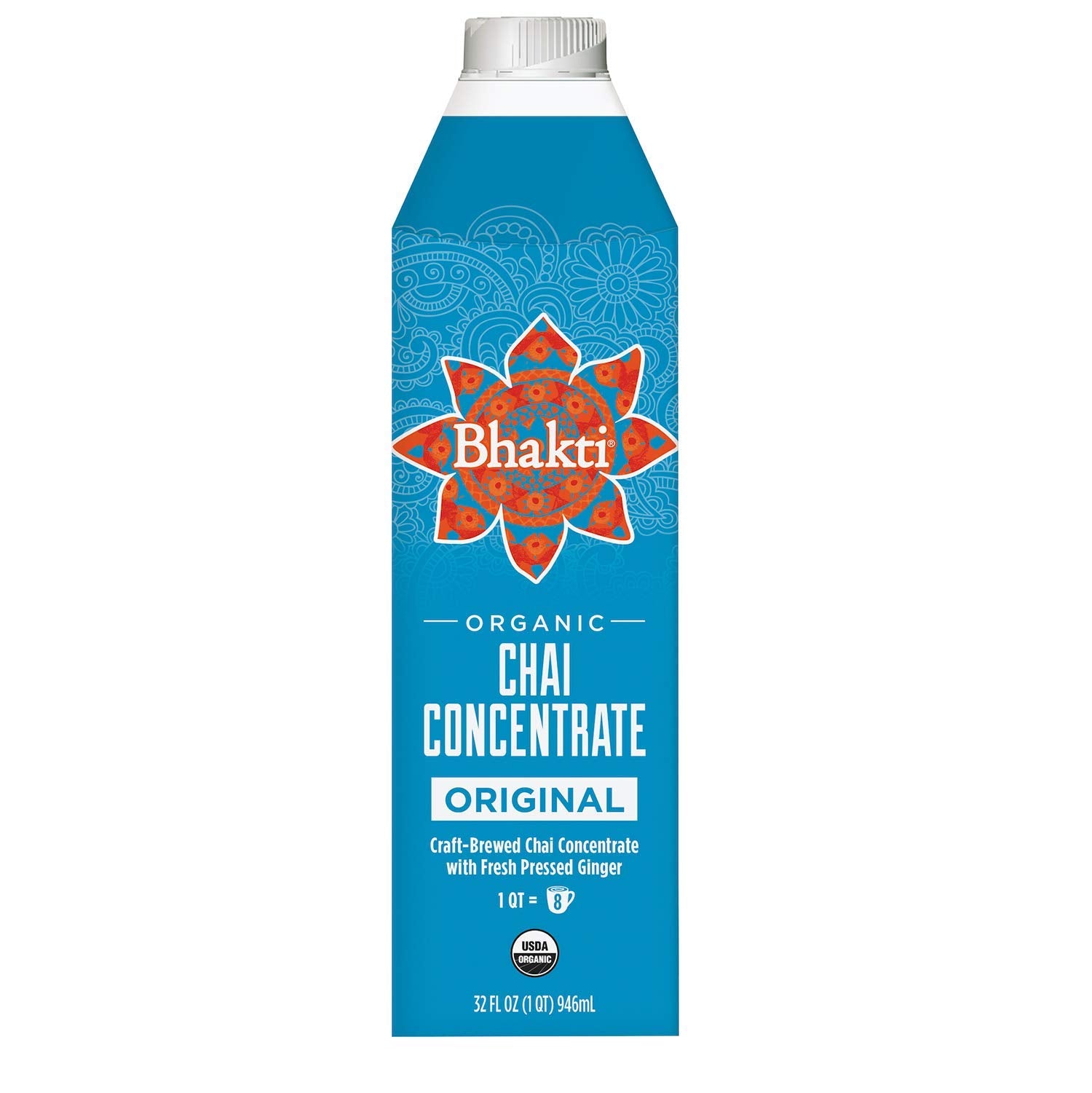 Bhakti Chai concentrado orgánico botella al frente con etiqueta clara y atractivo