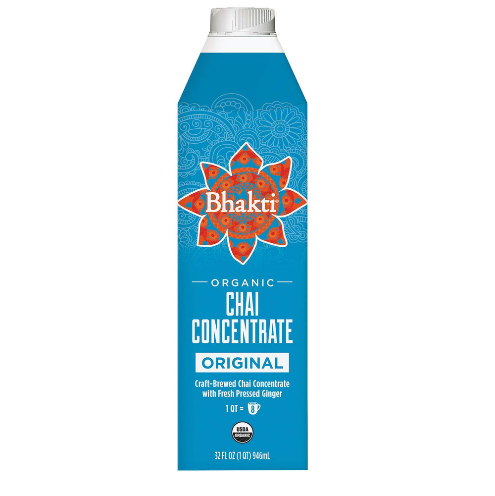 Bhakti Chai concentrado orgánico botella al frente con etiqueta clara y atractivo