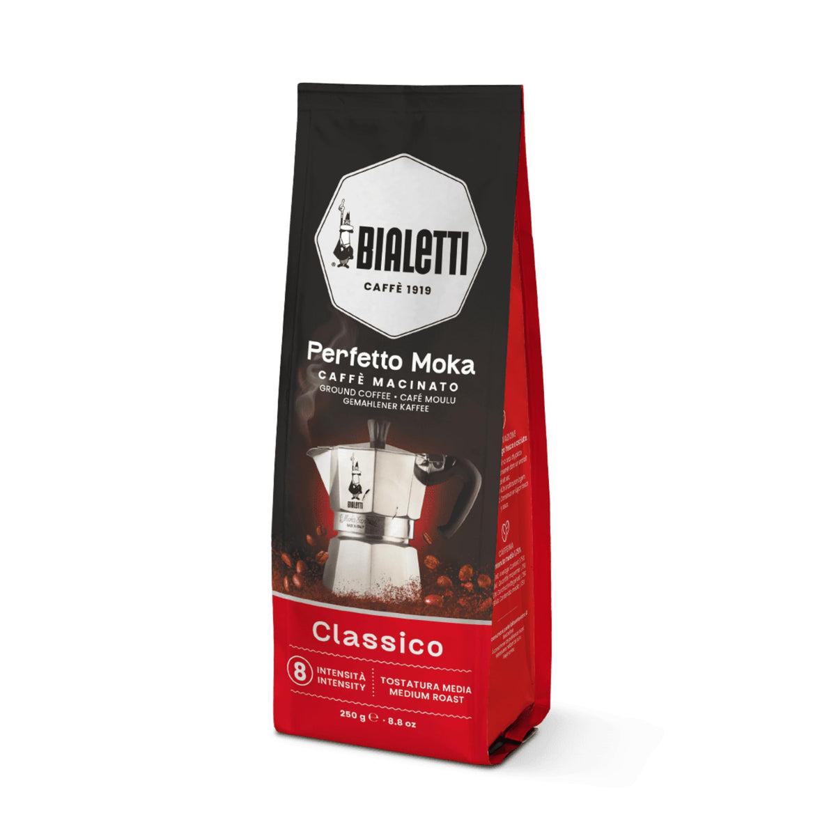 Bialetti frente del paquete Classico 251 g mostrando origen y tostado para una taza equilibrada