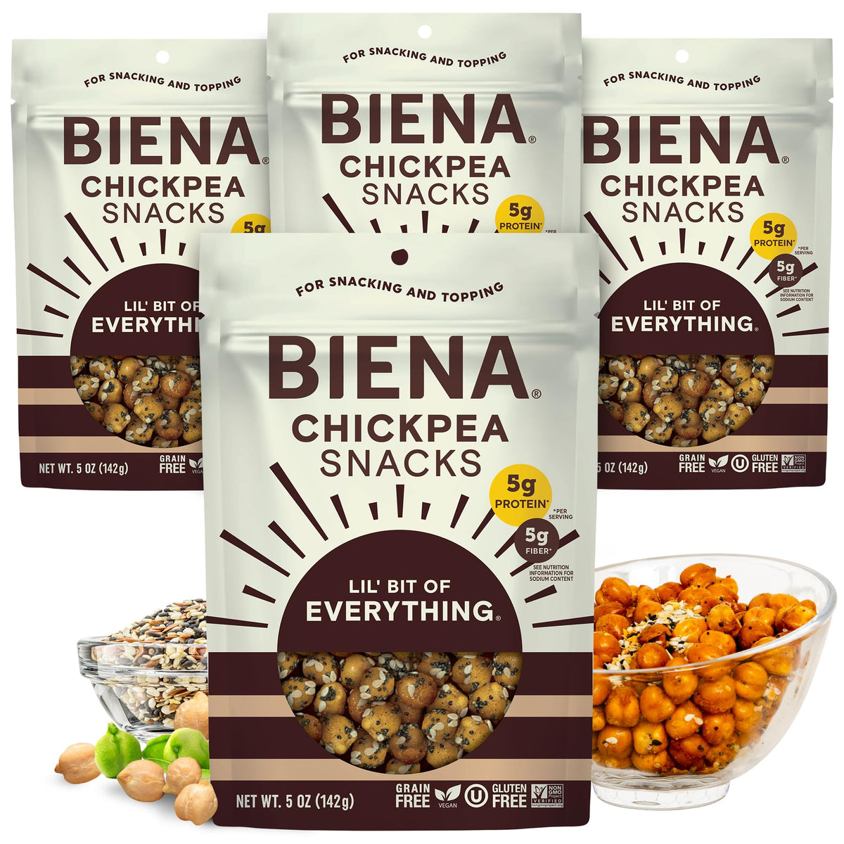 BIENA frente del empaque mostrando marca y variedad lil’ bit of everything, práctico para llevar