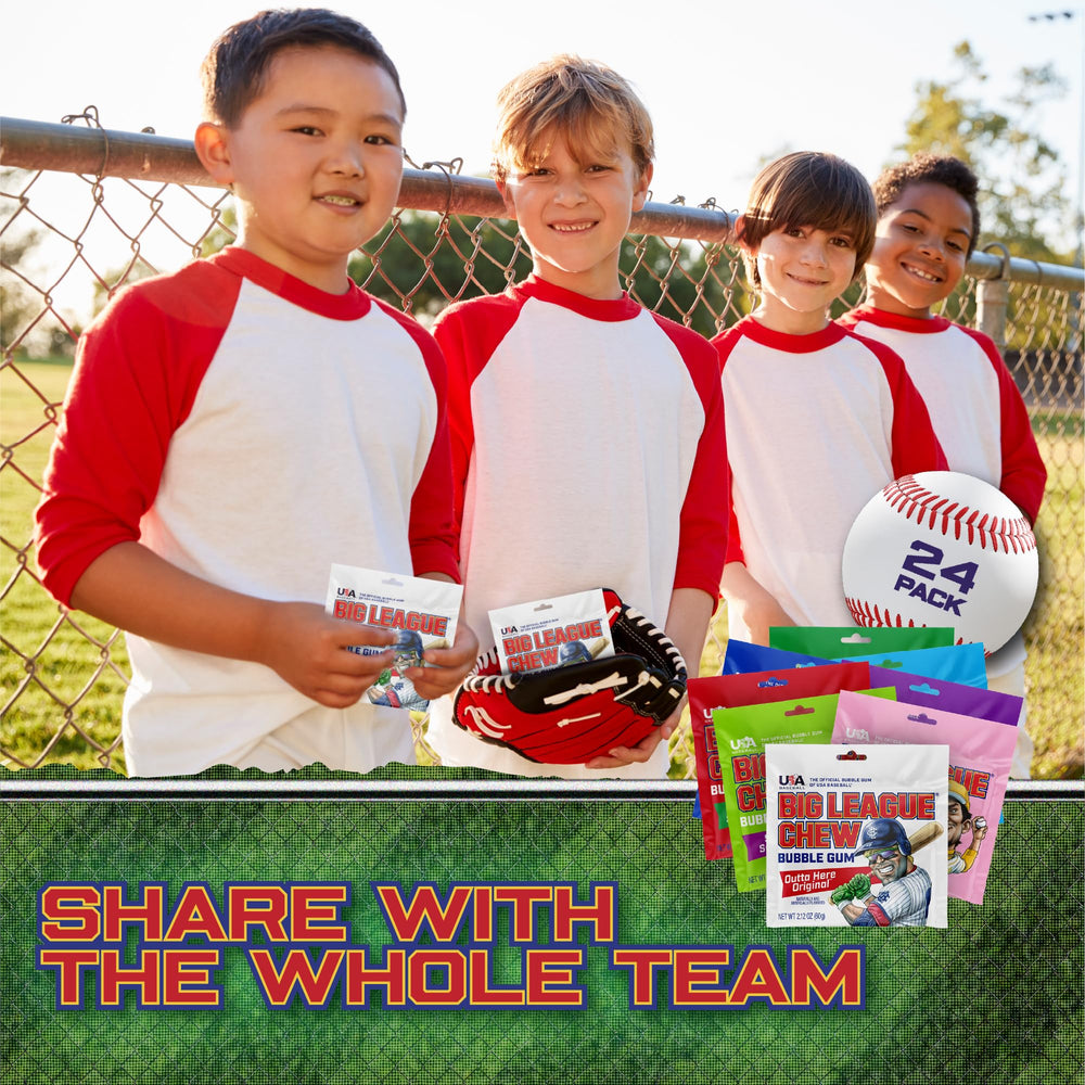 Big League Chew caja abierta con sobres, ideal para fiestas y regalos