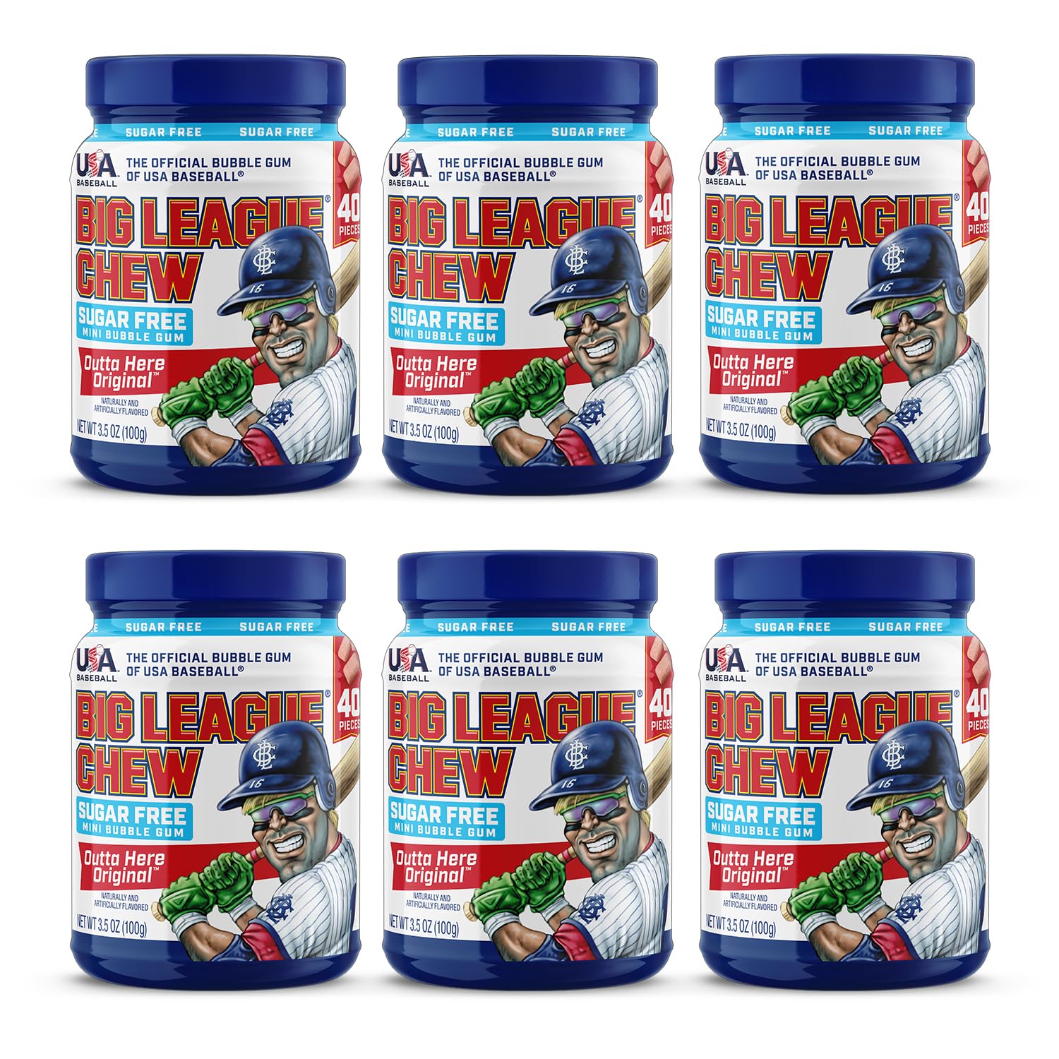 Big League Chew frasco frontal mostrando etiqueta clara y portabilidad beneficios