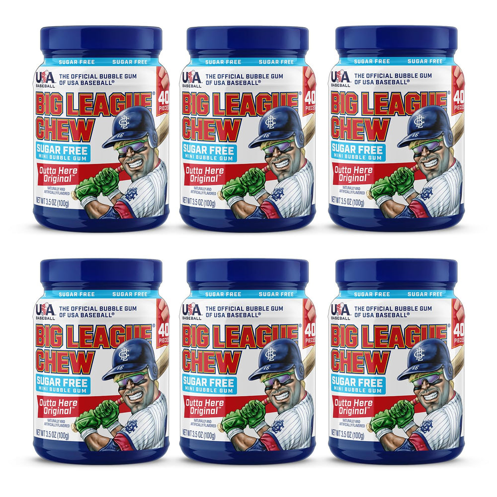 Big League Chew frasco frontal mostrando etiqueta clara y portabilidad beneficios