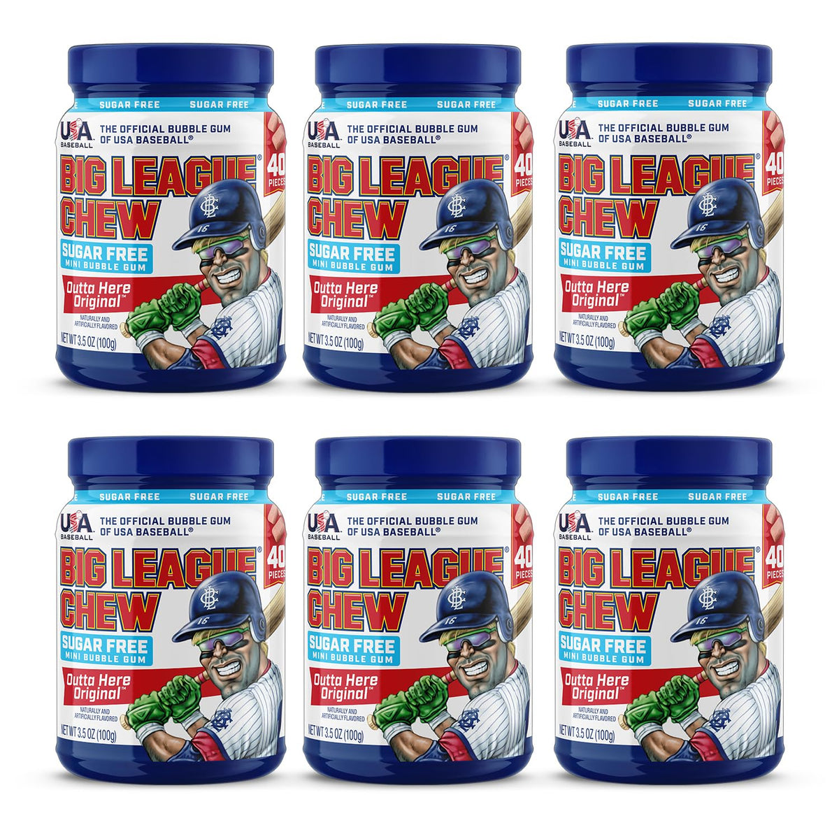 Big League Chew frasco frontal mostrando etiqueta clara y portabilidad beneficios