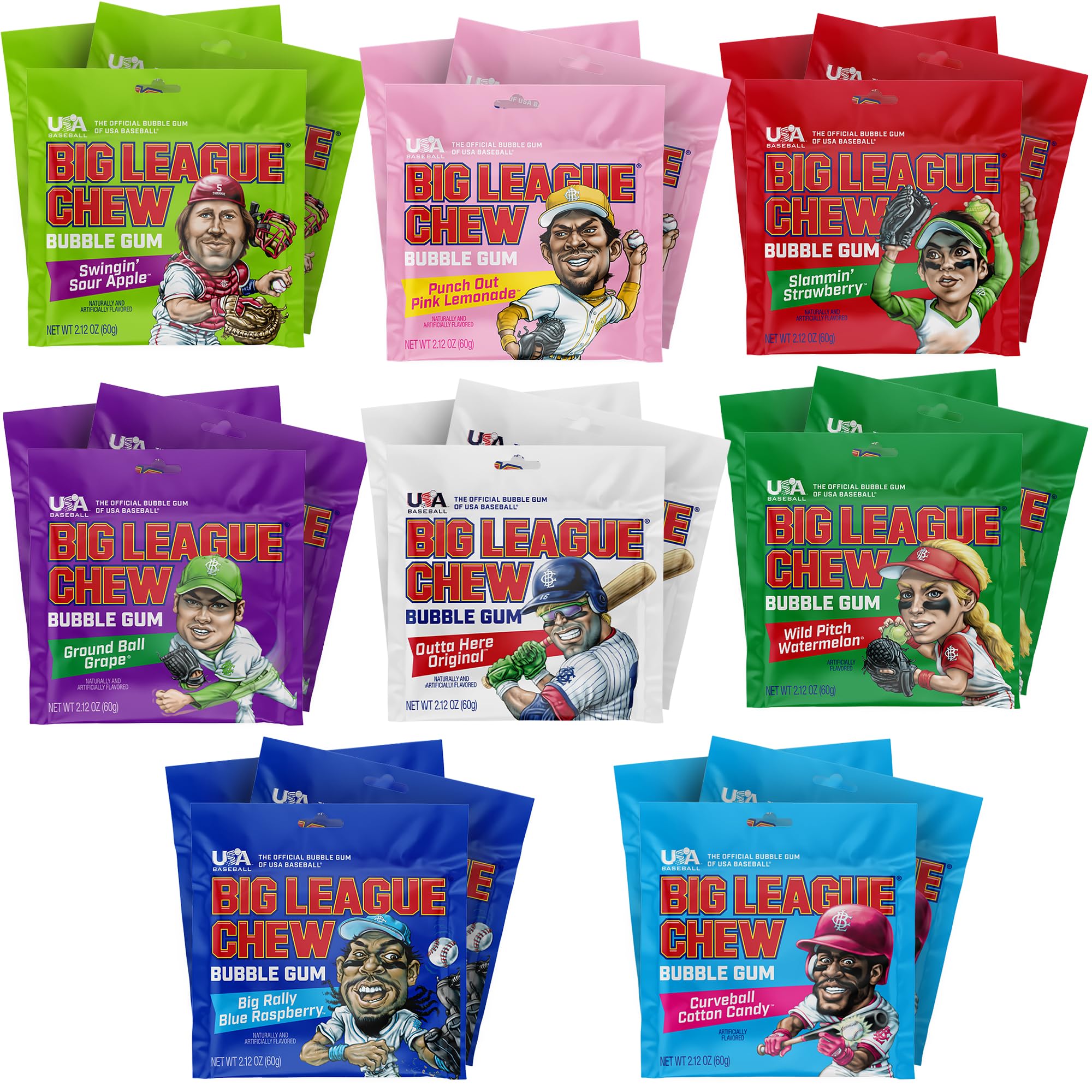Big League Chew frente del empaque mostrando 24 sobres y variedad de sabores