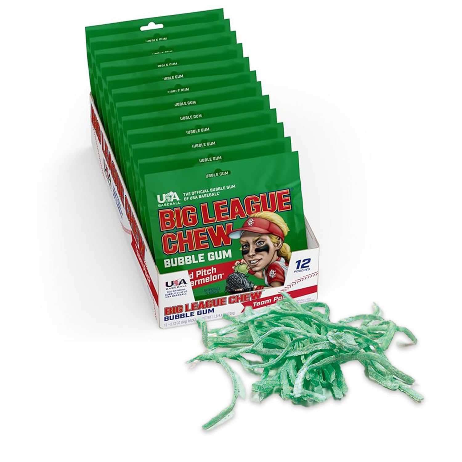 Big League Chew frente del paquete mostrando sabor sandía y atractivo en estantería