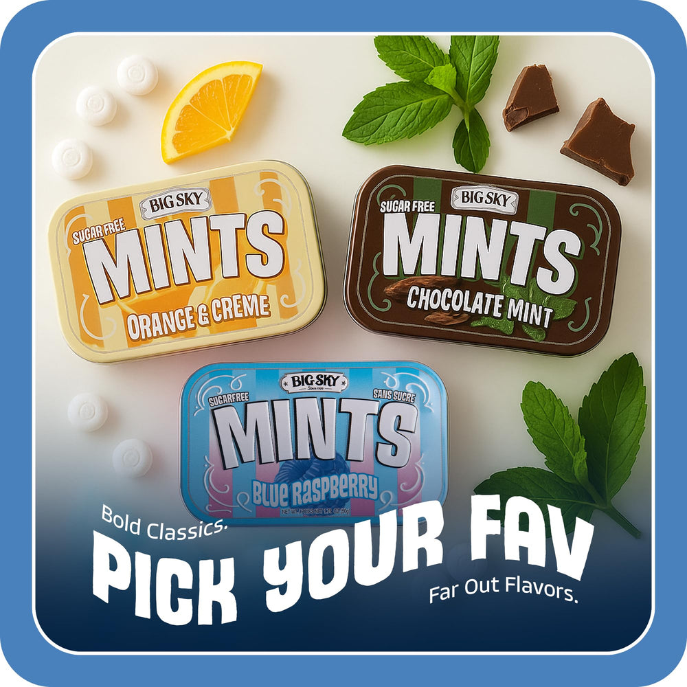 Big Sky mints junto a maleta, práctico para viajes y salidas