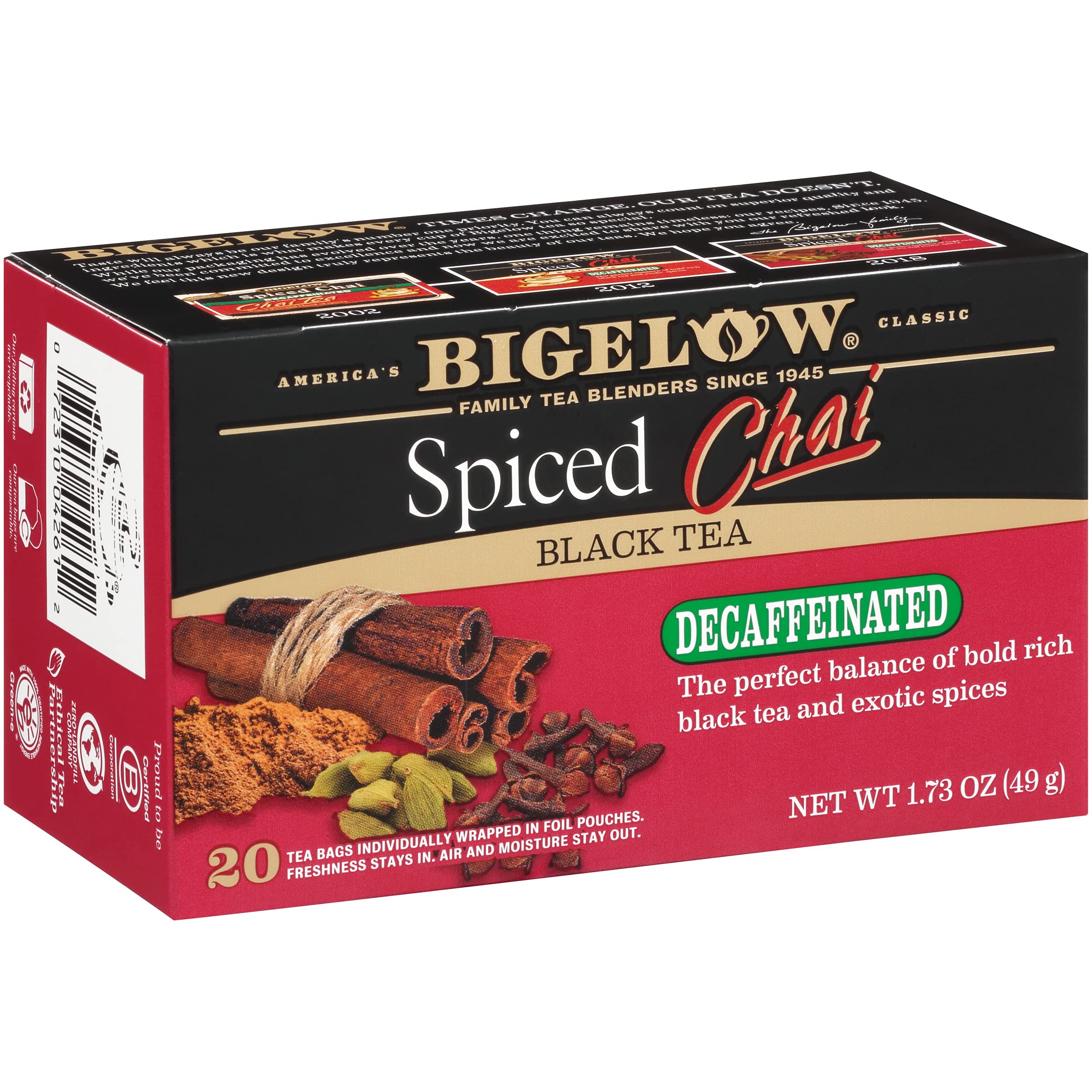 Bigelow chai descafeinado paquete frontal, presentación clara y beneficios de sabor