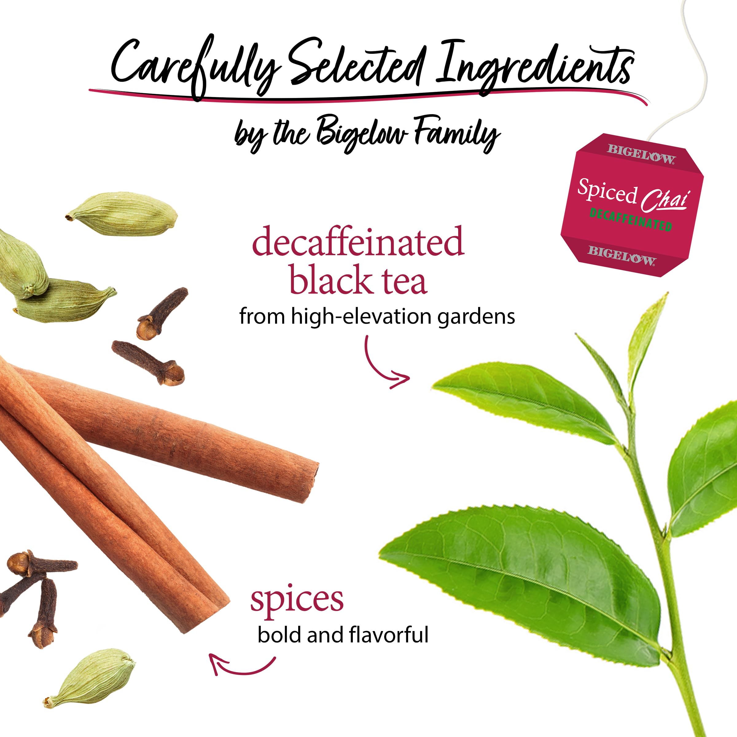 Bigelow chai detalle de hojas y especias, muestra la mezcla equilibrada de sabores