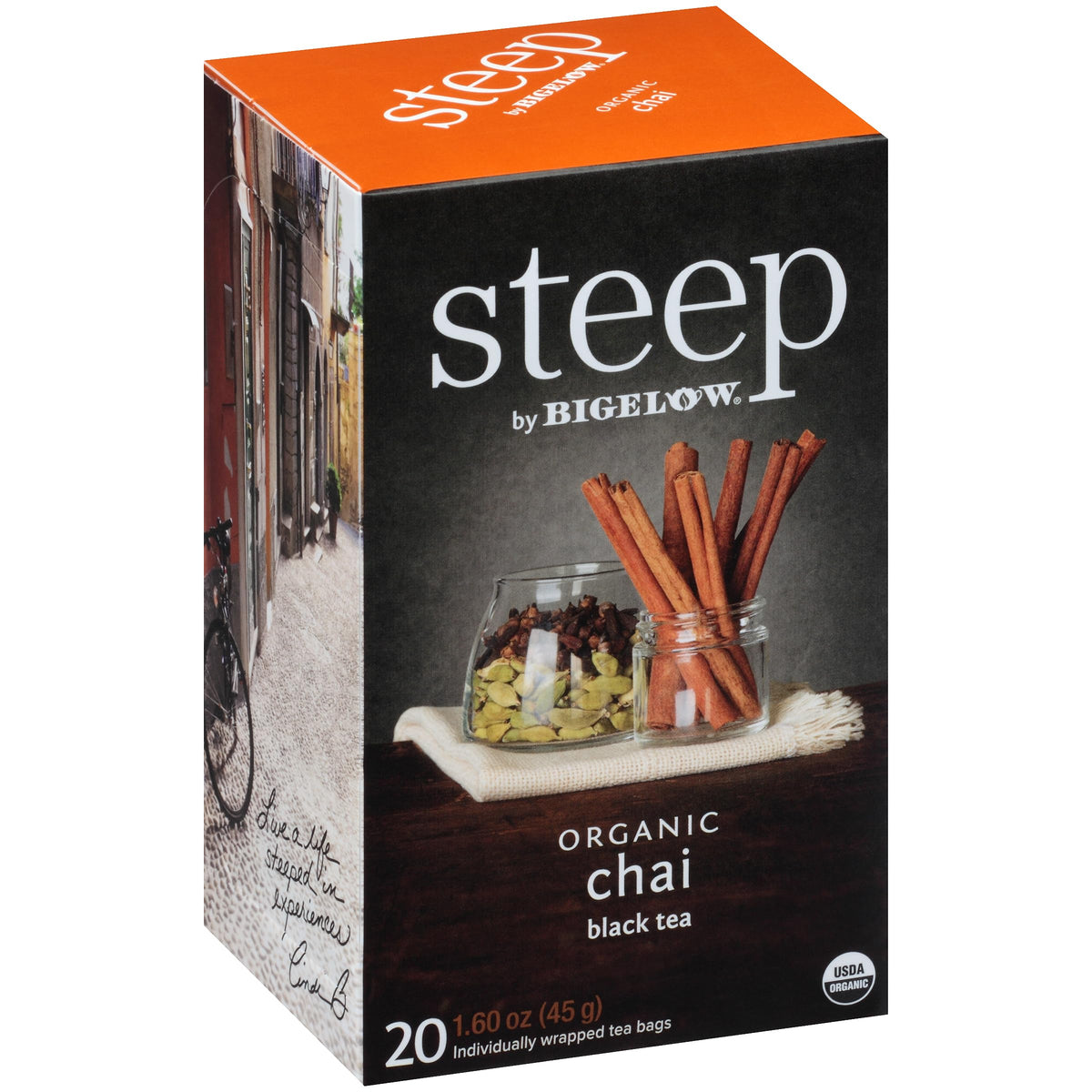 Bigelow chai empaque frontal mostrando 120 bolsitas y sellado fresco