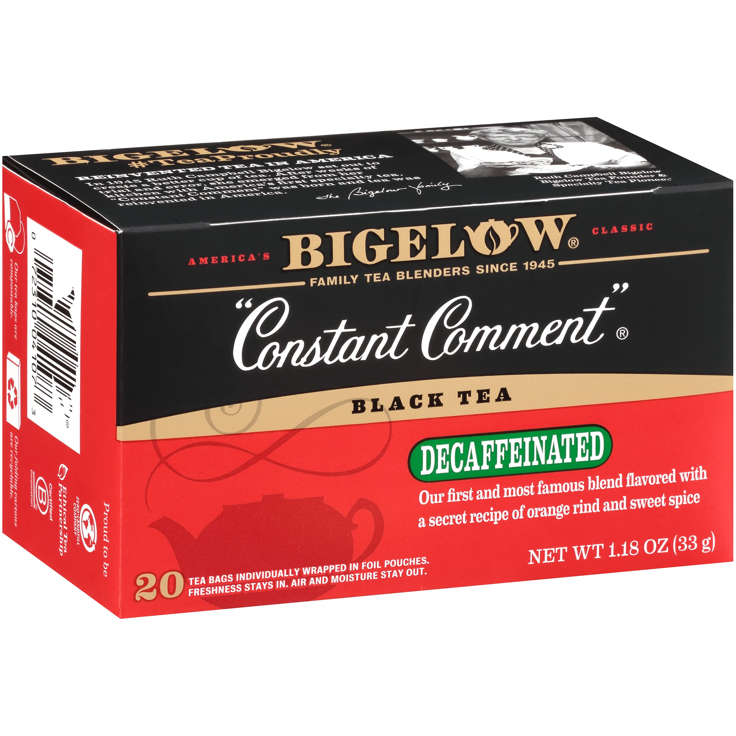 Bigelow Constant Comment frente del empaque mostrando el pack y sabor