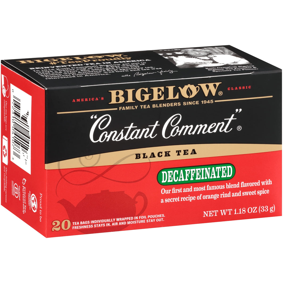 Bigelow Constant Comment frente del empaque mostrando el pack y sabor