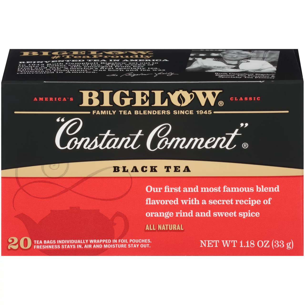 Bigelow Constant Comment frente del empaque mostrando aroma reconfortante
