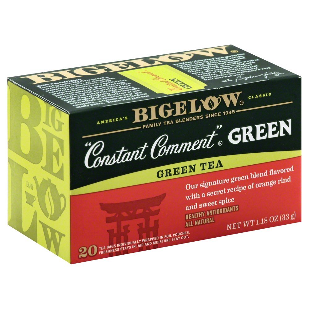 Bigelow Constant Comment vista frontal del paquete, aroma cítrico y práctico en bolsitas