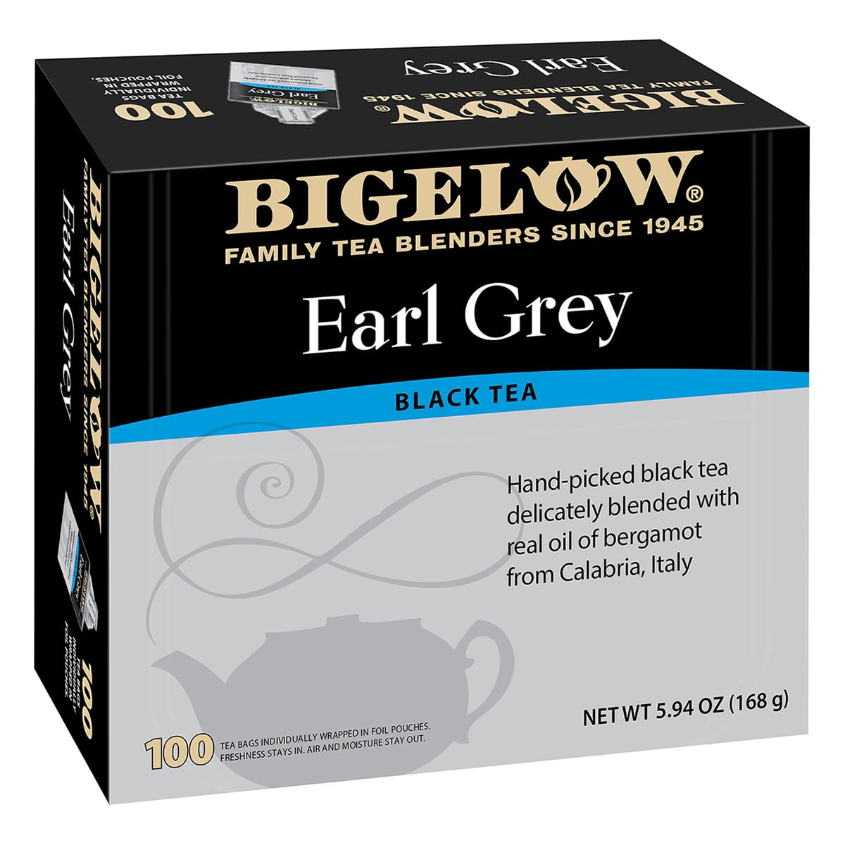 Bigelow Tea frente del empaque mostrando 100 bolsitas y sello de bergamota