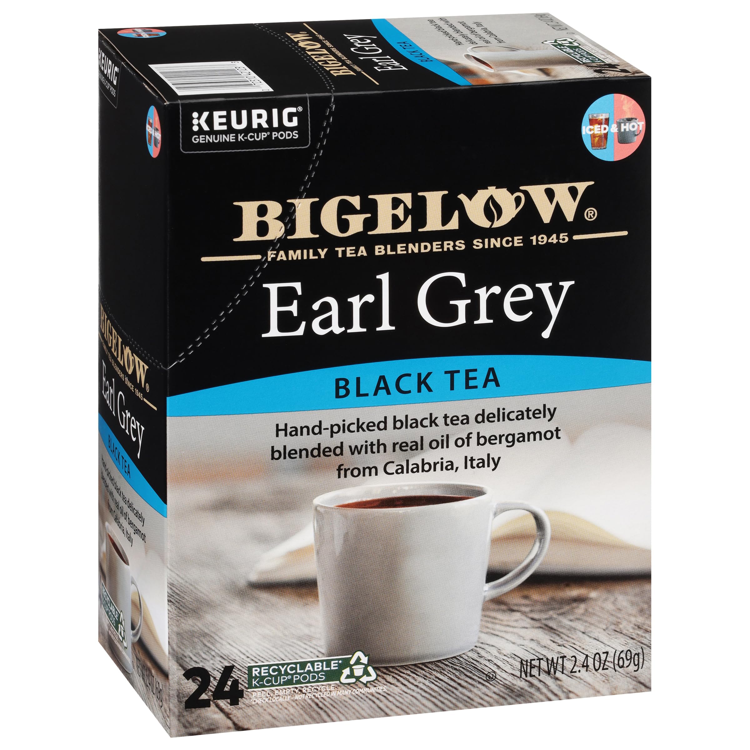 Bigelow caja frontal del Earl Grey K-Cups mostrando diseño y cantidad para identificación rápida