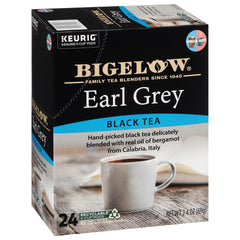 Bigelow caja frontal del Earl Grey K-Cups mostrando diseño y cantidad para identificación rápida