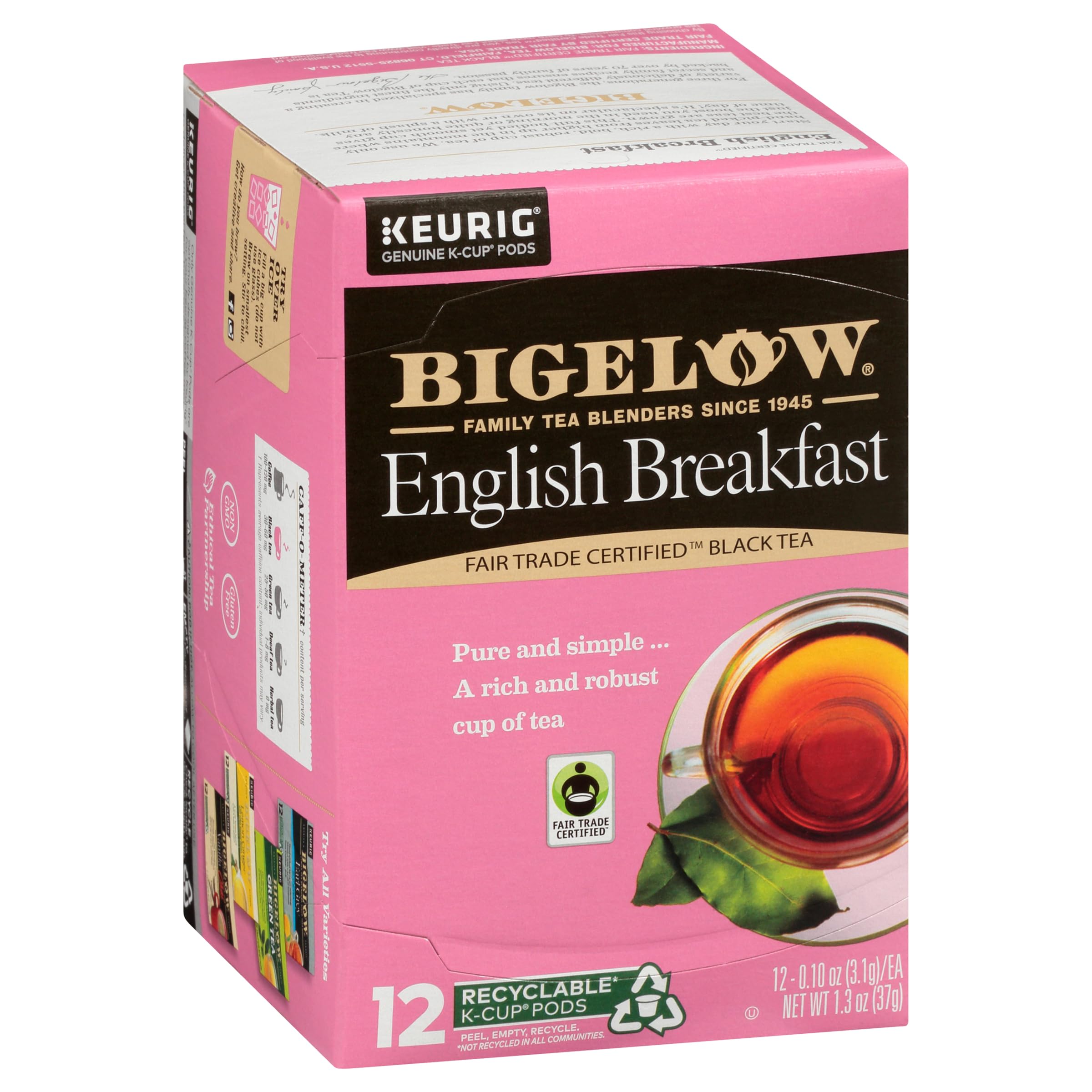 Bigelow Tea frente del empaque mostrando 72 cápsulas y facilidad de almacenamiento