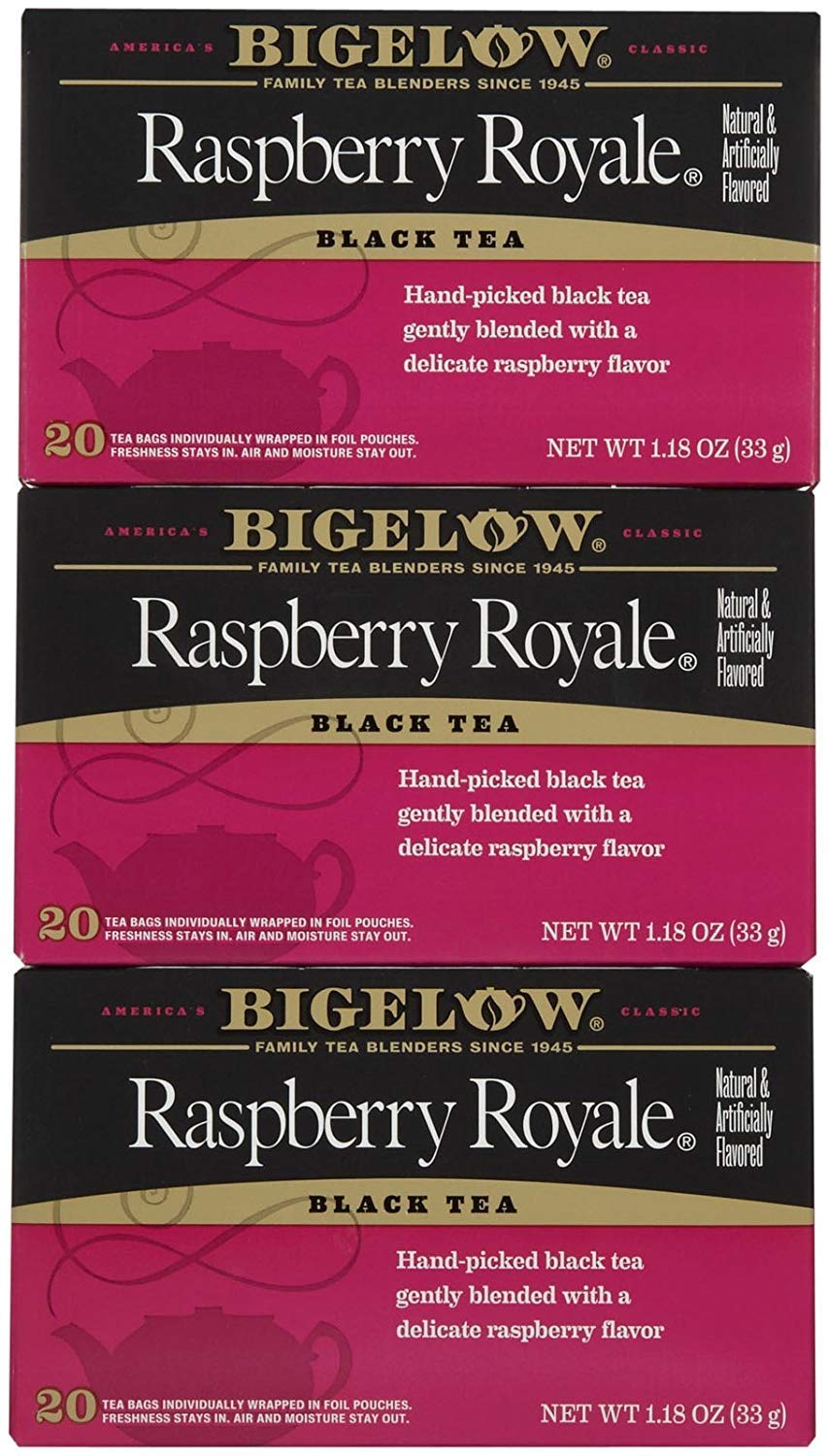 Bigelow Raspberry Royale empaque frontal mostrando caja y cantidad, práctico y atractivo