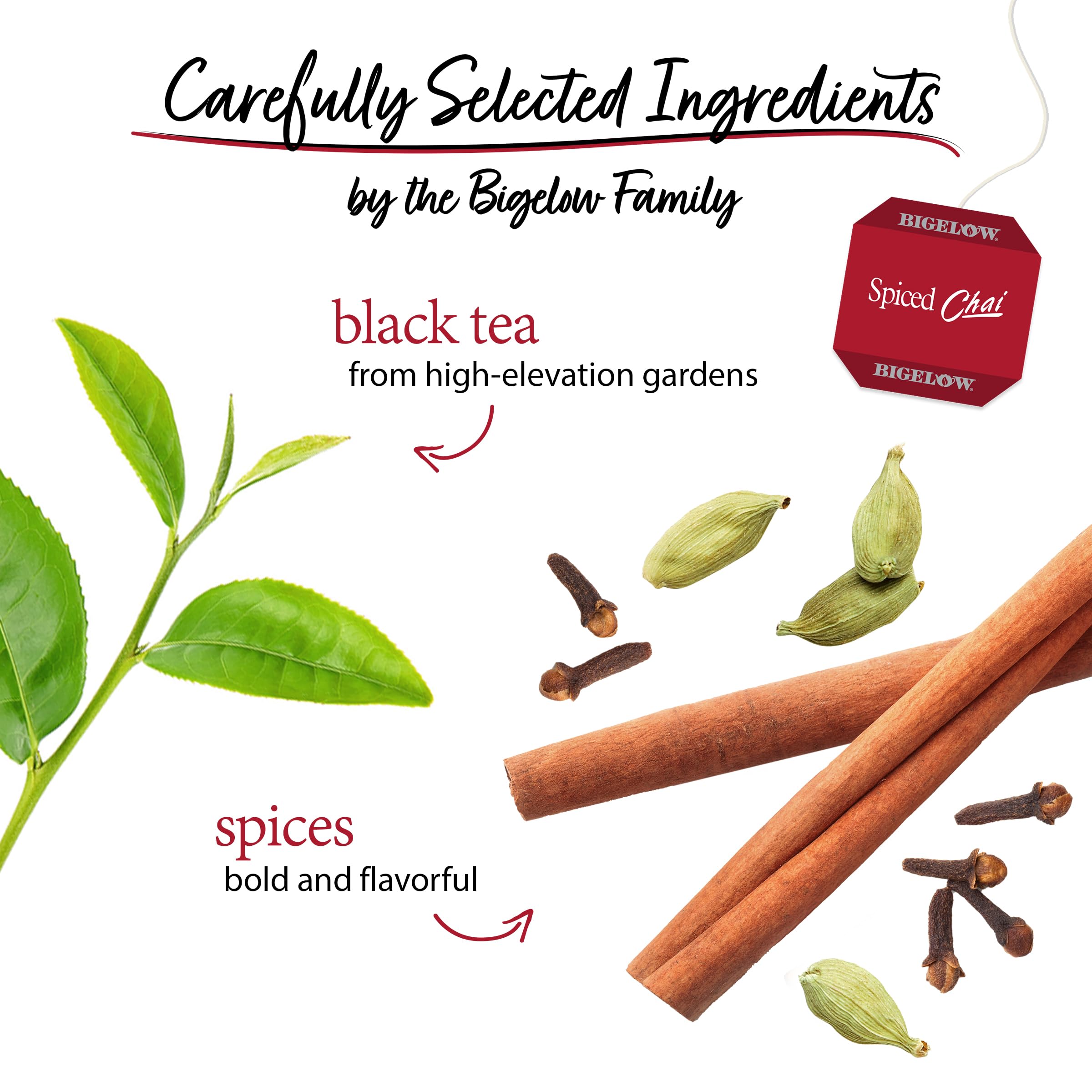 Detalle de hojas y especias Bigelow Spiced Chai, muestra ingredientes naturales y aroma