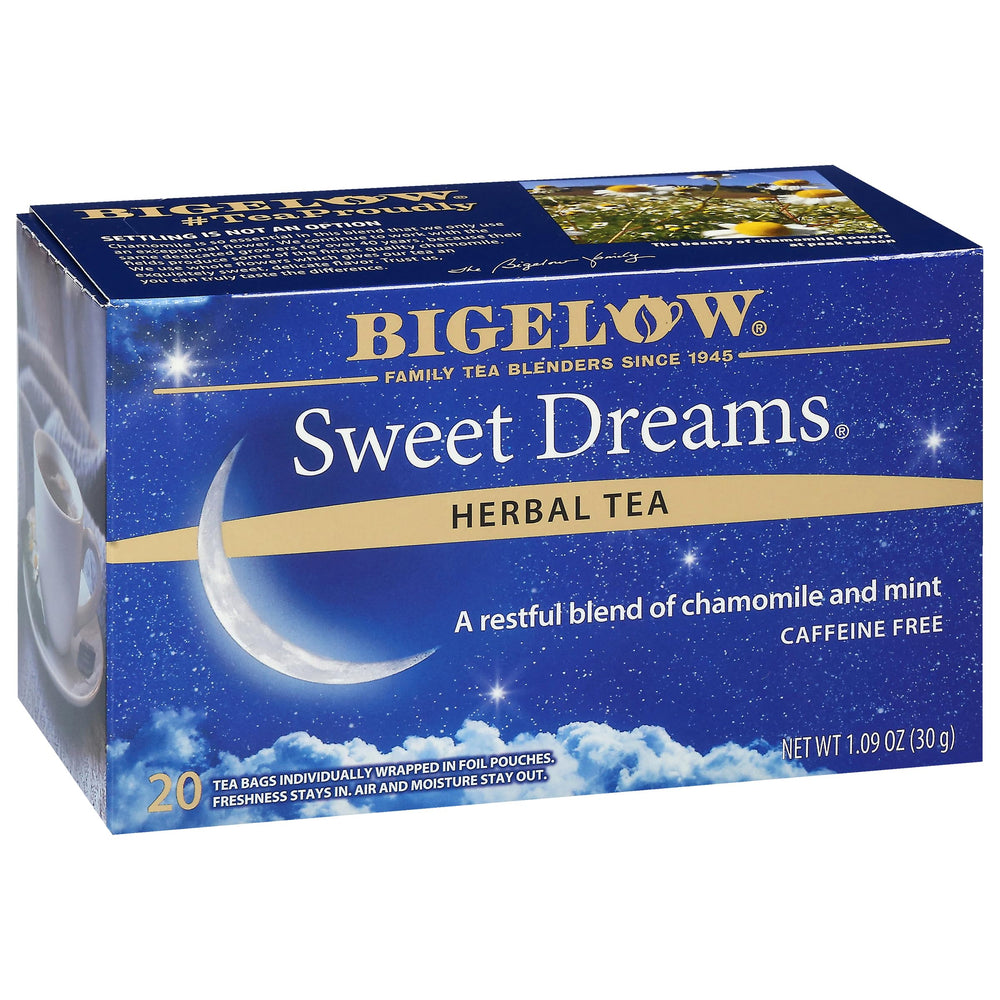 Bigelow paquete frontal mostrando 20 bolsitas y oferta de seis unidades, conveniencia