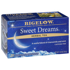 Bigelow paquete frontal mostrando 20 bolsitas y oferta de seis unidades, conveniencia