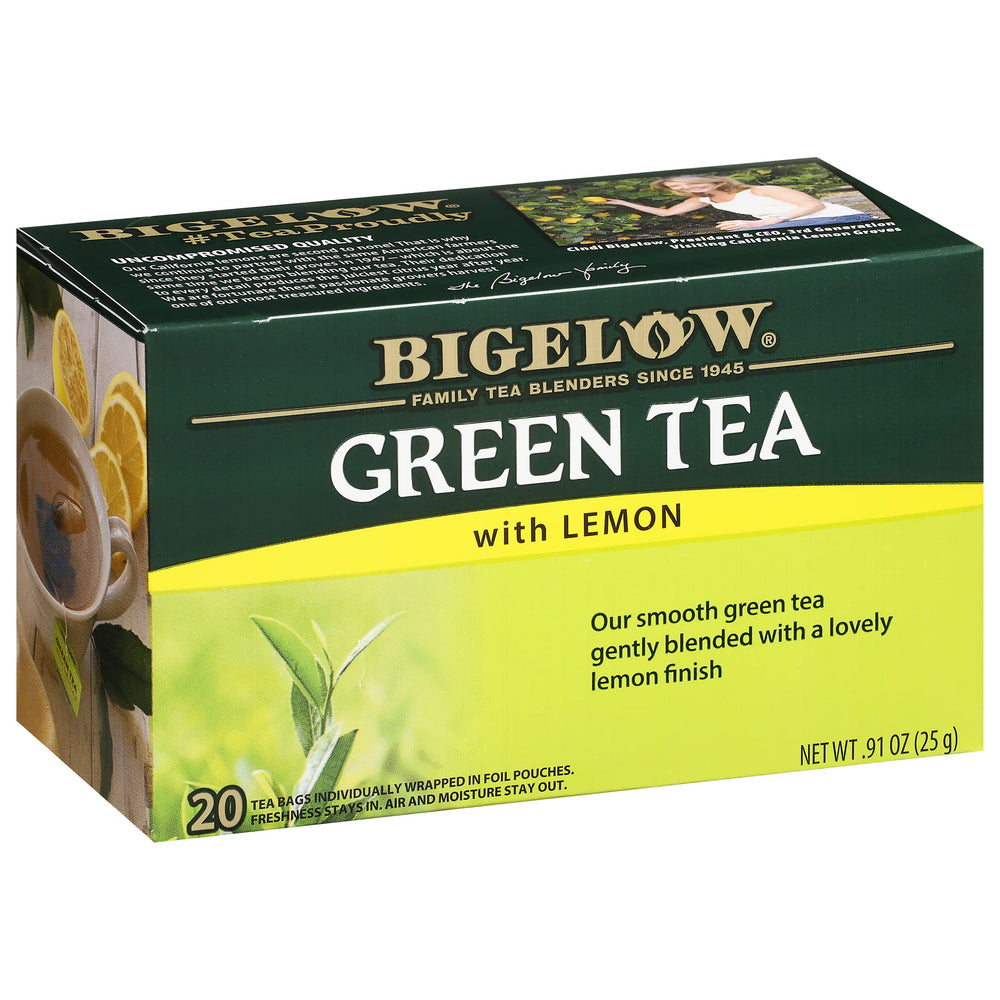 Bigelow Tea caja frontal con diseño y cantidad visible, muestra conveniencia