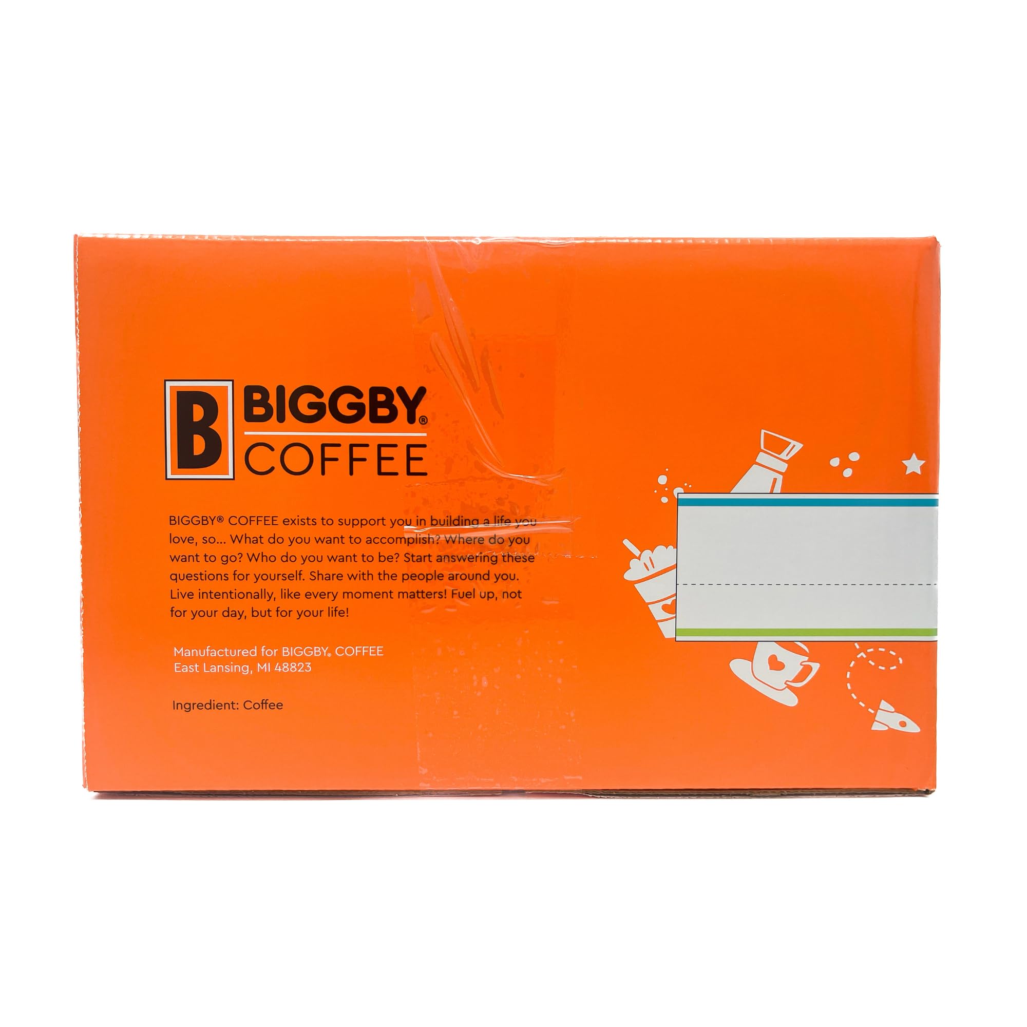 BIGGBY manos sosteniendo cápsulas, recordatorio de reciclaje y responsabilidad