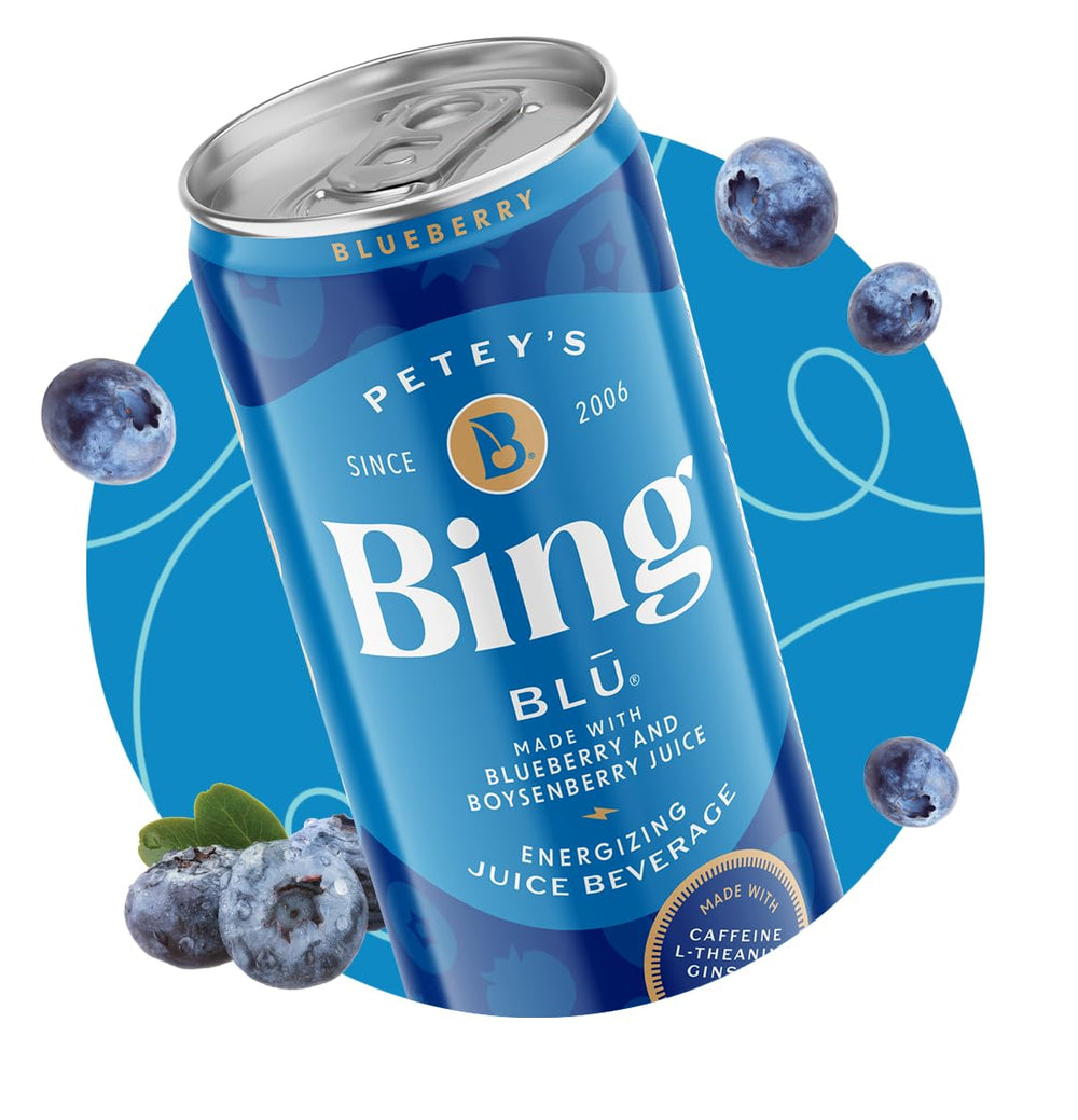 Bing etiqueta nutricional destacando vitaminas B y contenido de cafeína