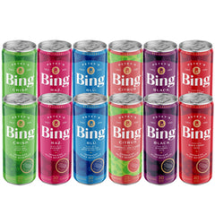 Bing pack delantero mostrando las 12 latas y variedad de sabores energizante