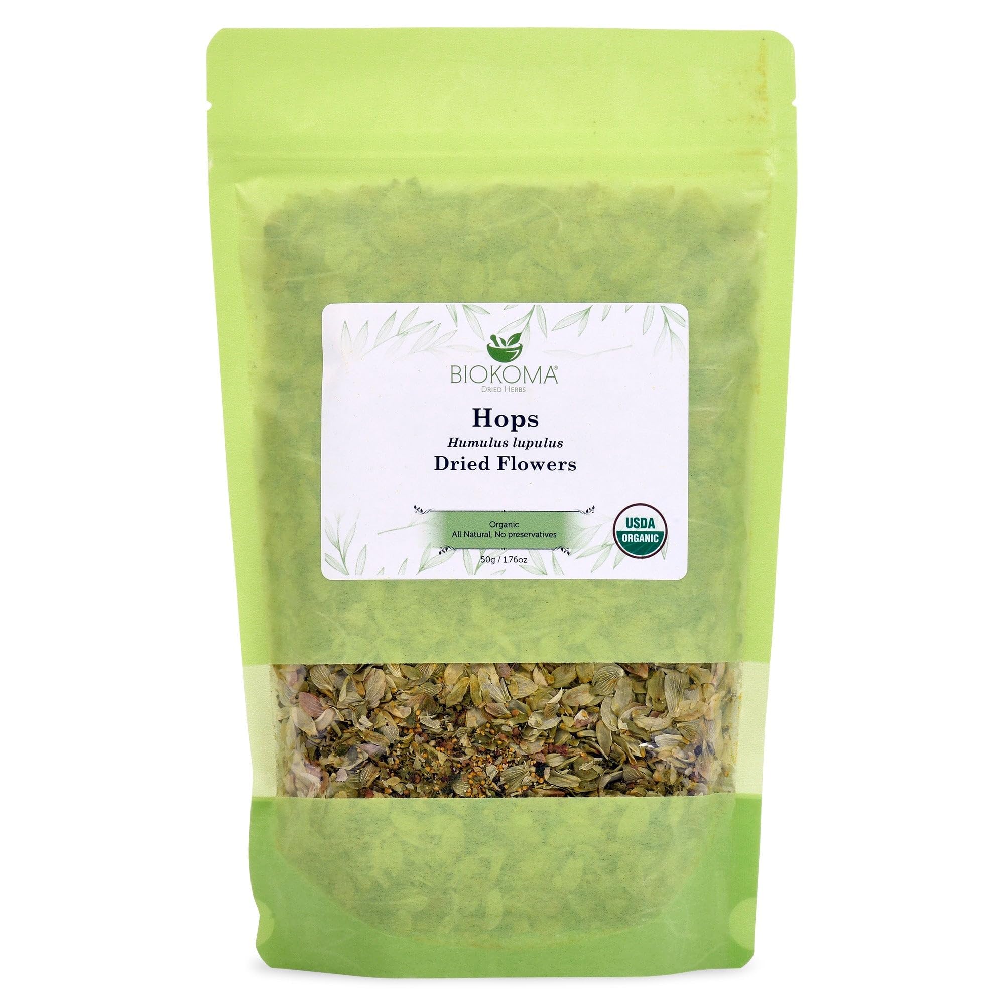 Biokoma empaque frontal de Hops orgánico, conserva aroma y frescura