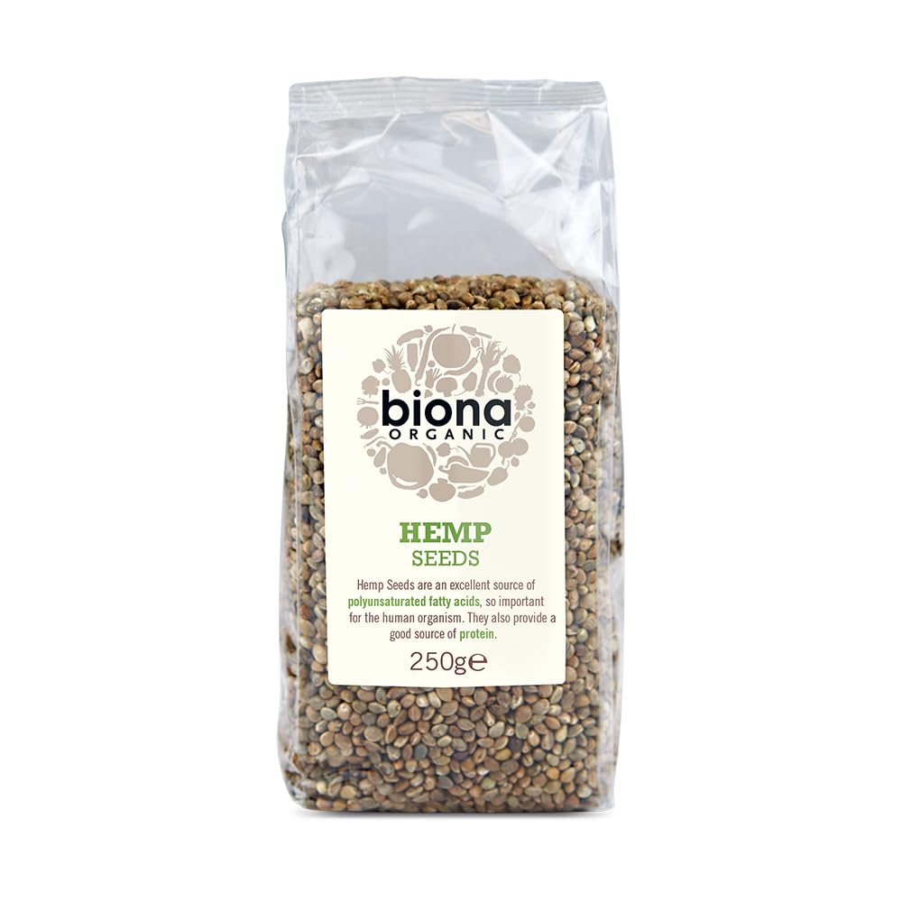 Biona paquete frontal de semillas de cáñamo 250 g mostrando el envase y beneficios