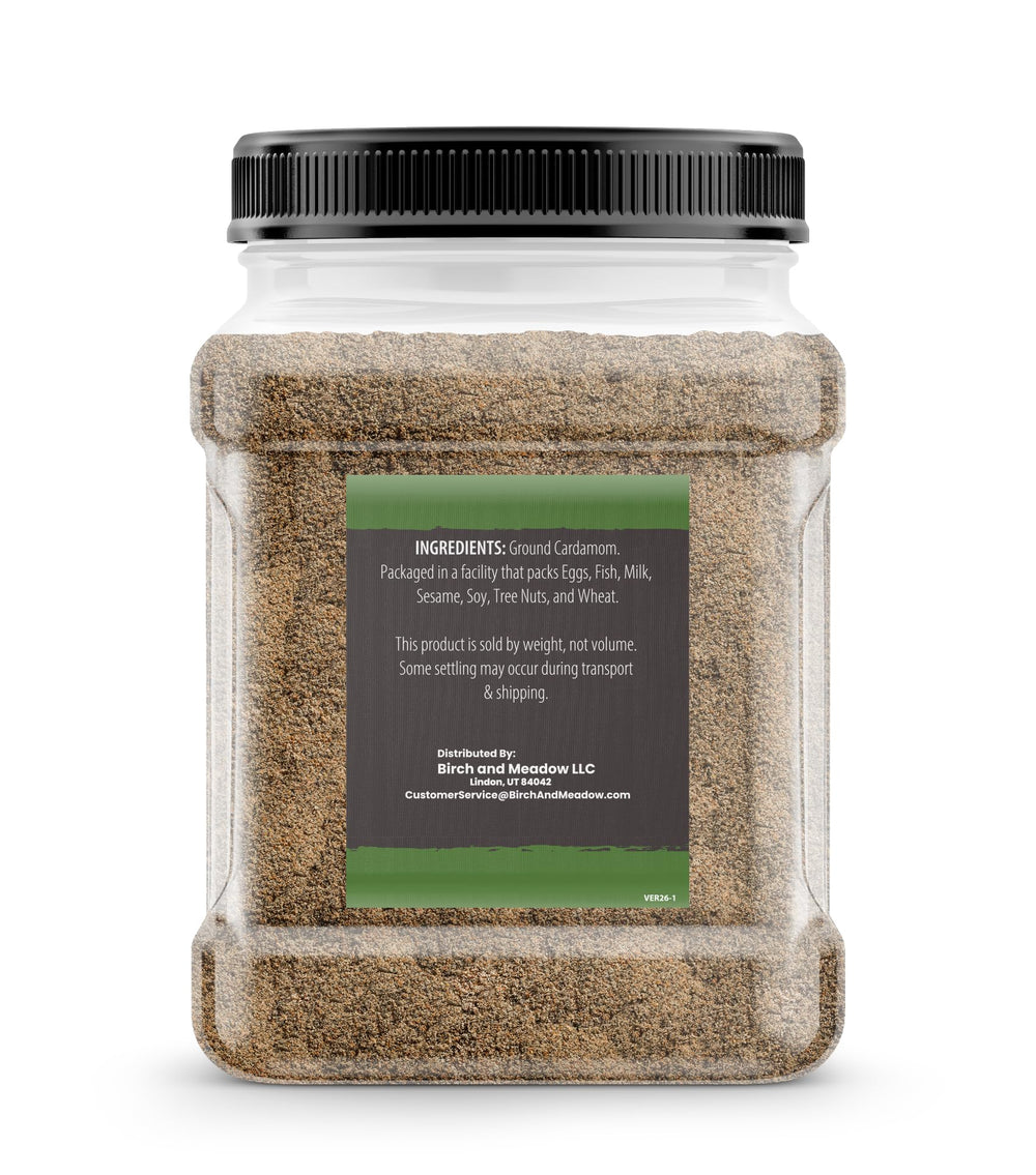 BIRCH & MEADOW cardamomo molido textura cercana que muestra finura y aroma