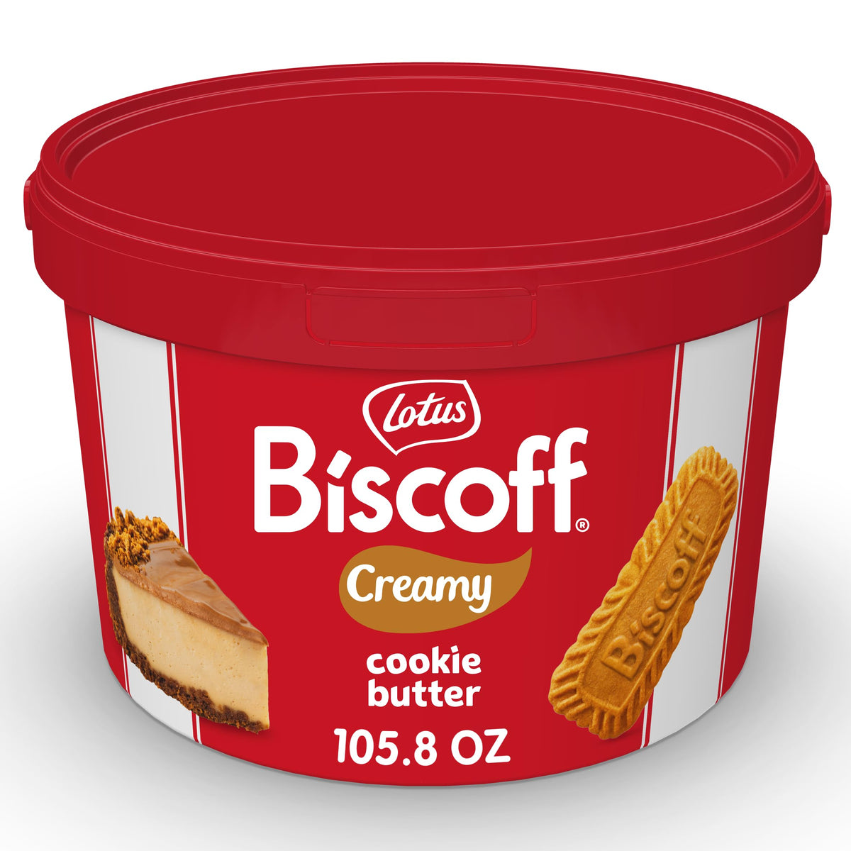 Biscoff frente de la cubeta mostrando el envase grande y contenido