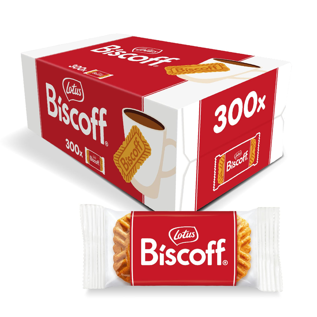 Biscoff caja frontal mostrando 300 paquetes, práctico y fresco