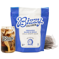 Bizzy frente del paquete mostrando 4 bolsas orgánicas y conveniencia.