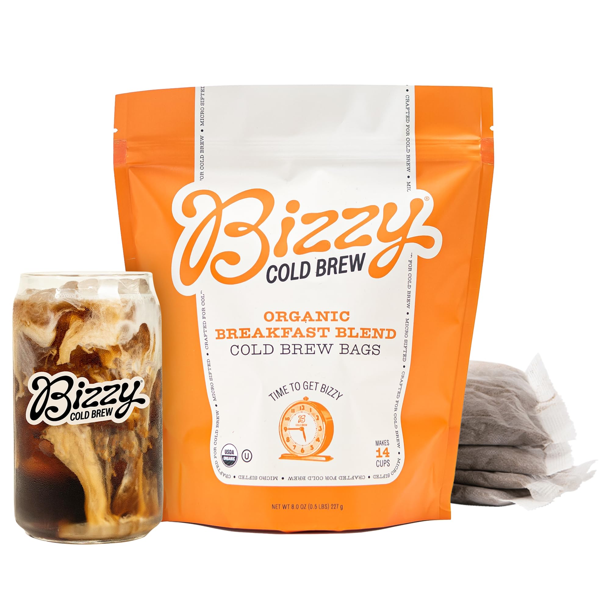 Bizzy empaque frontal mostrando bolsitas y beneficios de cold brew