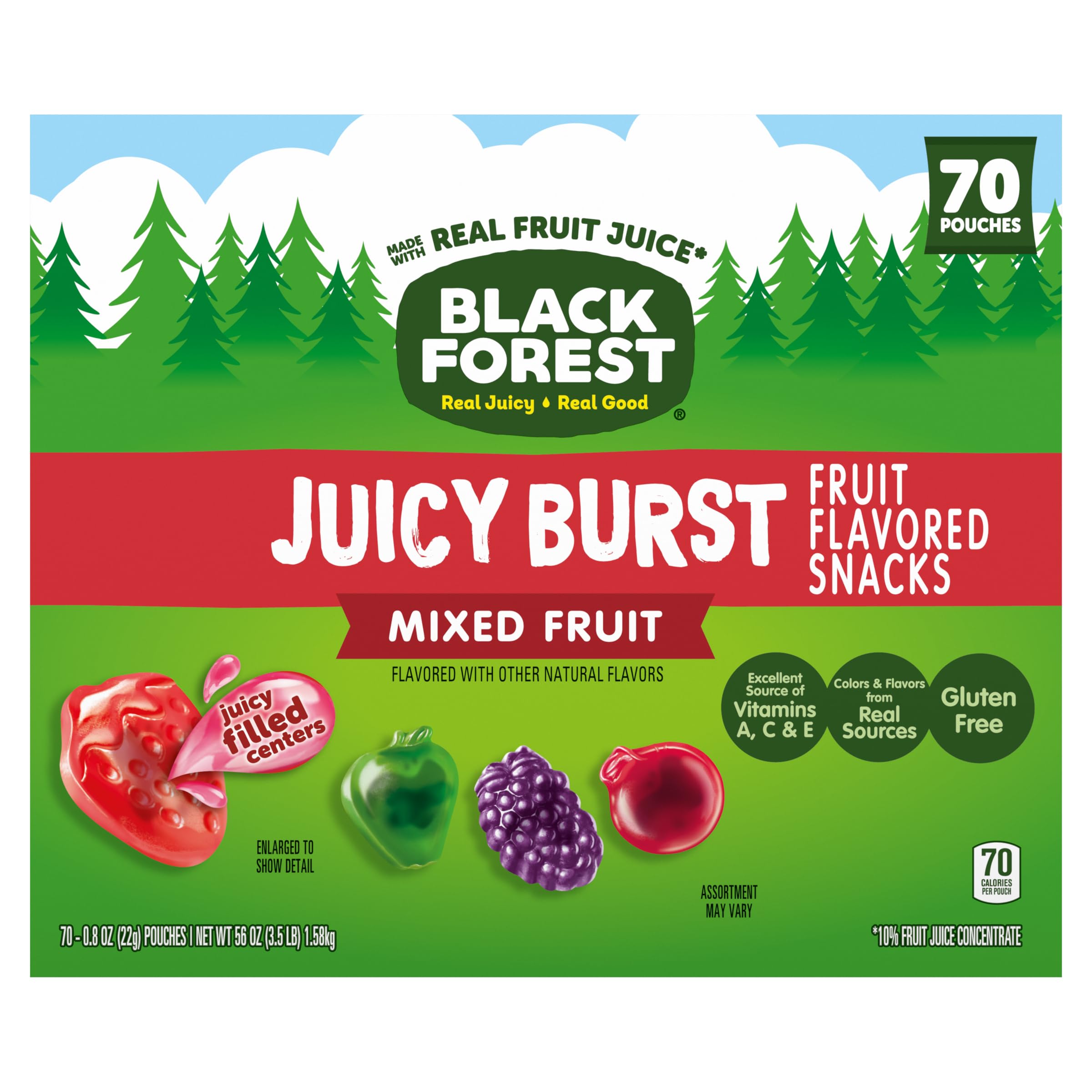 Black Forest cuatro snacks mostrando fresa uva cereza manzana, variedad visible